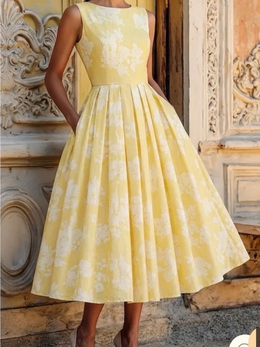 Linen Vibes Sunny Yellow Floral Sleeveless Fit & Flare Dress Size M